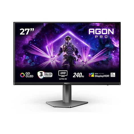 Un moniteur de jeu de 27 pouces avec une image d'un guerrier cyberpunk sur fond violet. Cadre noir, lettrage: Agon Pro, UHD, 240Hz.