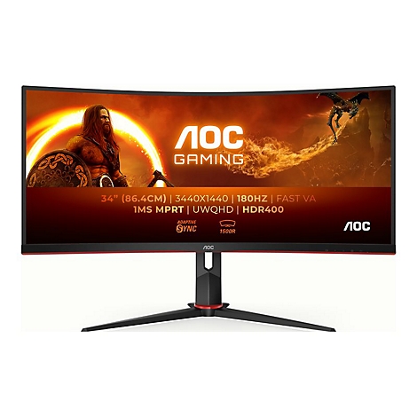 Écran de jeu incurvé avec des couleurs rouges et noires. Un guerrier est visible à l'écran. L'inscription 'AOC Gaming' est visible.