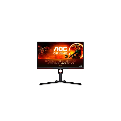Écran de jeu noir avec des accents rouges, affichant le logo AOC Gaming et les spécifications techniques, femme avec une arme à l'écran.