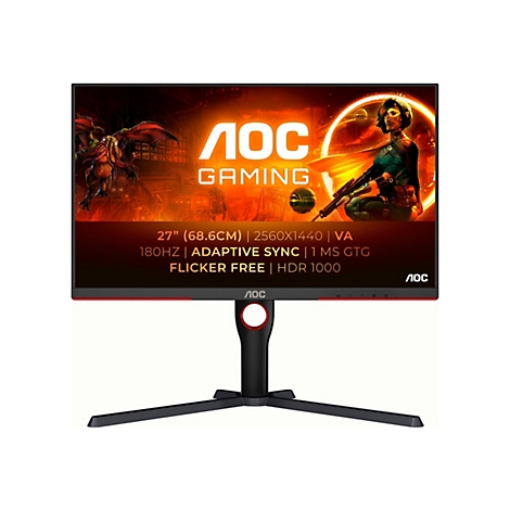 Moniteur de jeu AOC avec un design rouge et noir. Sur l'écran, une œuvre d'art de jeu et les caractéristiques du produit.