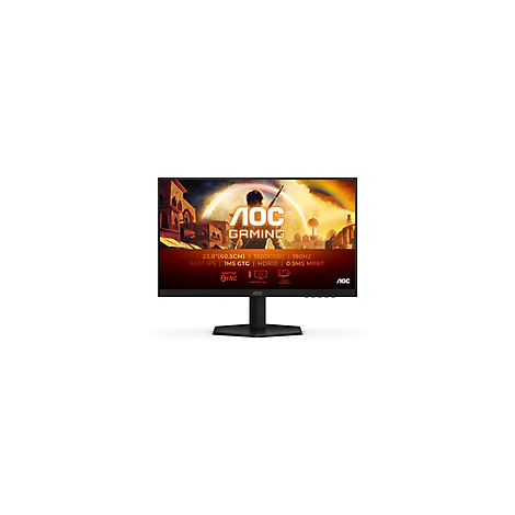 Schwarzer AOC Gaming Monitor mit orangefarbenem Logo. Technische Daten sind auf dem Bildschirm angezeigt: 23,8 Zoll, 1920x1080, 180Hz.