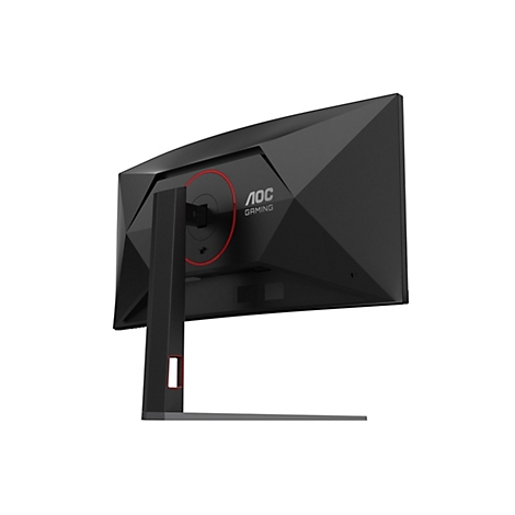 Rückseite eines schwarzen AOC Gaming-Monitors mit kantigem Design, rotem Ring und Standfuß vor weißem Hintergrund.