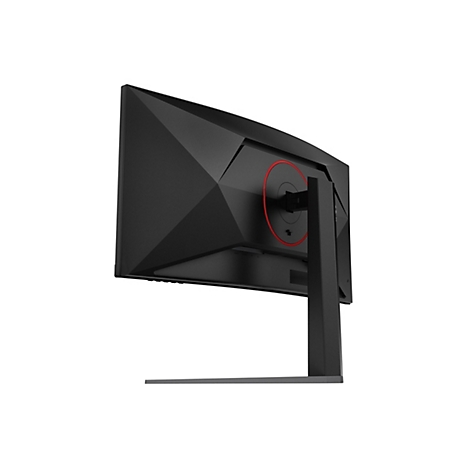 Rückseite eines schwarzen Gaming-Monitors mit kantigem Design und rotem Ring-Element auf dem Standfuß.