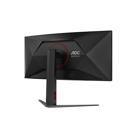 Rückansicht eines schwarzen AOC Gaming-Monitors mit kantigem Design, rotem Ring und schlankem Standfuß.