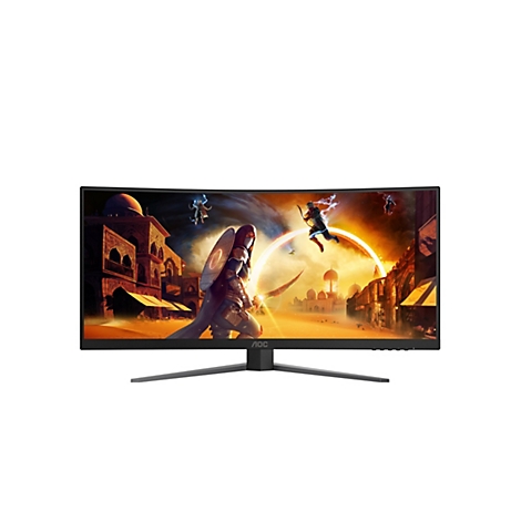 Ein breiter, gebogener AOC-Gaming-Monitor zeigt eine actionreiche Spielszene vor einem orientalischen Stadtbild.