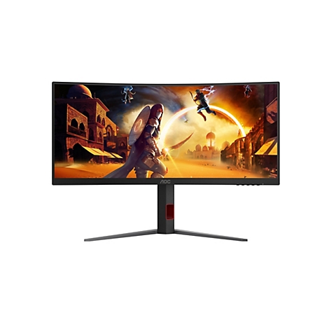 AOC-Gaming-Monitor mit einem gebogenen Bildschirm, der ein Fantasy-Spiel zeigt. Der Monitor steht vor weißem Hintergrund.