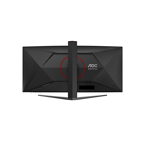 Rückansicht eines schwarzen AOC Gaming Monitors, auf weißem Hintergrund. Der Monitor hat eine rote Umrandung und die Aufschrift "AOC GAMING".