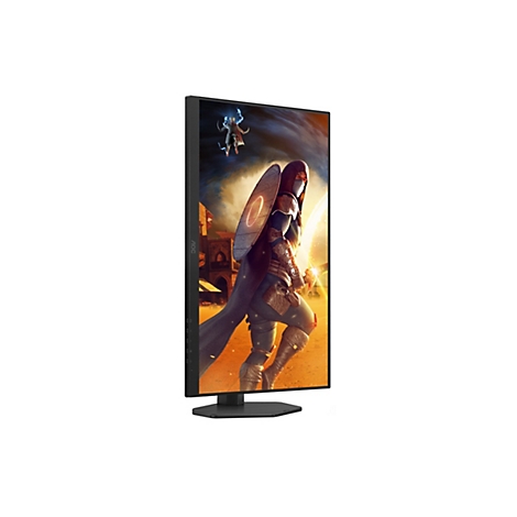 Un écran de jeu affiche un personnage avec une épée et un bouclier tiré d'un jeu. L'écran est légèrement incliné sur un pied noir.