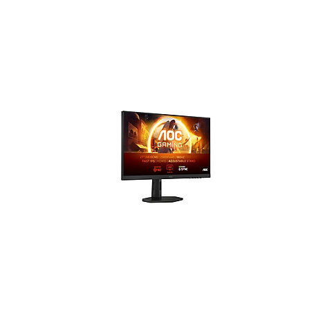 Schwarzer AOC Gaming Monitor mit einem Gaming-Screenshot auf dem Bildschirm. Unterhalb des Bildschirms stehen technische Details.
