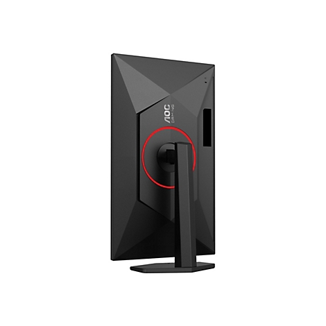 Rückansicht eines schwarzen Gaming-Monitors mit AOC-Logo und rotem Akzent. Das Design ist kantig und modern.