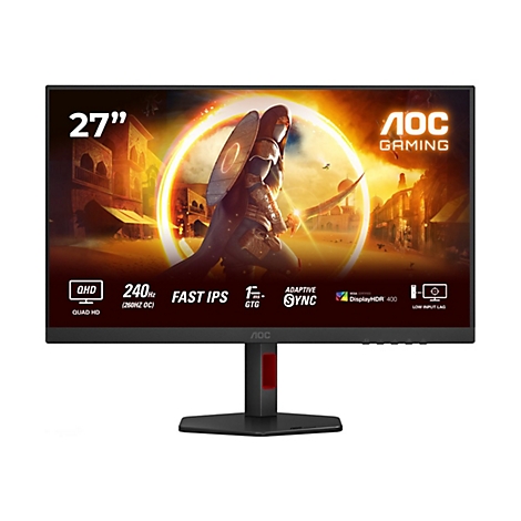 AOC Gaming Monitor mit 27-Zoll-Display und Spezifikationen wie QHD, 240Hz, Fast IPS. Auf dem Bildschirm ist eine Kampfszene zu sehen.
