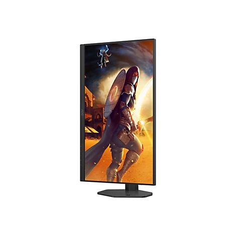 Ein AOC-Monitor, der ein Fantasy-Spiel zeigt. Der Bildschirm zeigt eine Kriegerin mit Schwert und Schild. Im Hintergrund sind Gebäude und ein fliegender Kämpfer zu sehen.