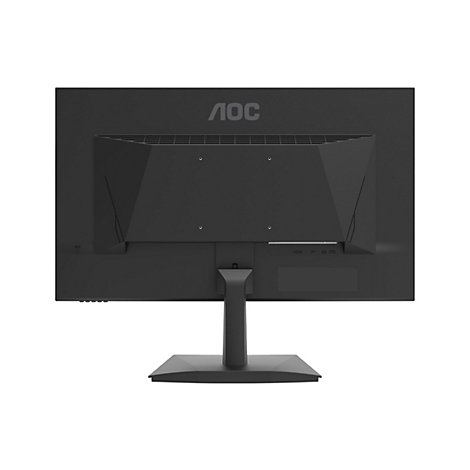 Rückseite eines schwarzen AOC Monitors mit Standfuß und sichtbaren HDMI- sowie DisplayPort-Anschlüssen.