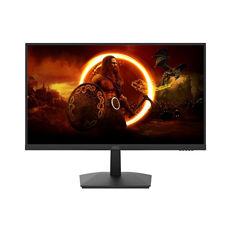 Schwarzer AOC-Gaming-Monitor vor weißem Hintergrund zeigt einen Krieger mit Schild und Axt vor einem brennenden Portal.