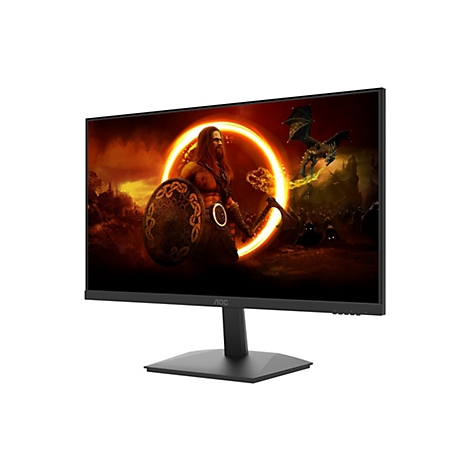Schwarzer AOC Gaming-Monitor mit schmalem Rahmen, zeigt einen Wikinger-Krieger und einen Drachen auf dem Display.