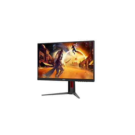 Ein AOC-Gaming-Monitor mit einem Fantasy-Spiel auf dem Bildschirm, das eine Kriegerin in einer Wüstenstadt zeigt. Der Monitor hat einen schwarzen Rahmen und einen roten Standfuß.