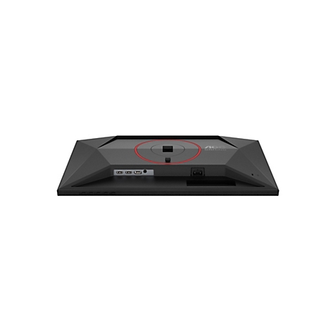 Rückansicht eines schwarzen Gaming-Monitors mit Anschlussbuchsen und ASUS-Logo.