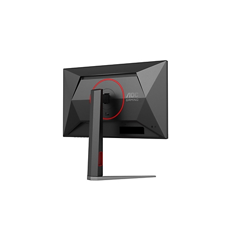 Rückansicht eines schwarzen Gaming-Monitors mit roter Umrandung und AOC Gaming Logo. Der Monitor steht auf einem schwarzen und roten Ständer.