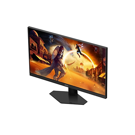 AOC Gaming Monitor mit Spielszene auf dem Display. Der Monitor ist auf einem weißen Hintergrund aus einer erhöhten Perspektive diagonal positioniert.
