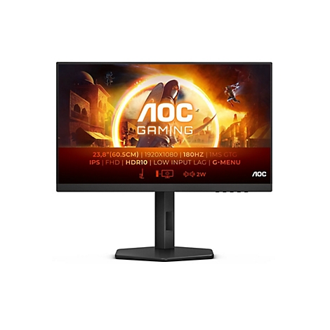 Schwarzer AOC Gaming Monitor mit einem Gaming-Hintergrundbild, 23,8 Zoll, 180 Hz, Full HD, auf schwarzem Ständer.