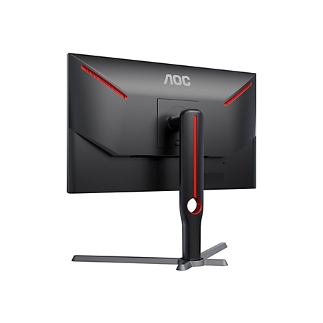 Rückseite eines schwarzen AOC Gaming-Monitors mit roten Akzenten und markantem Standfuß auf weißem Hintergrund.