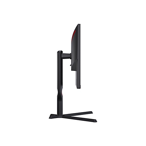 Seitenansicht eines schwarzen Gaming-Monitors mit roter Akzentbeleuchtung. Der Monitor steht auf einem schwarzen Ständer.