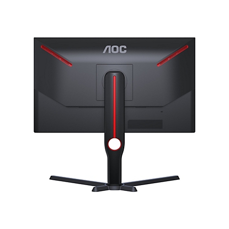 Rückansicht eines schwarzen AOC-Monitors mit roten Akzenten und weißem Logo. Ein roter Streifen verläuft über die gesamte vertikale Halterung.