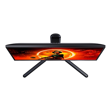 Draufsicht auf einen schwarzen Gaming-Monitor mit roter Grafik. Der Monitor wird von einem Ständer gehalten.