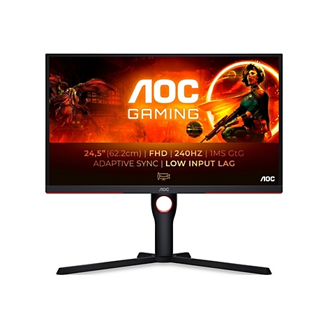AOC Gaming Monitor mit rotem und schwarzem Design. Auf dem Bildschirm ist ein Krieger in einem futuristischen Szenario zu sehen. Der Bildschirm enthält die Aufschrift "AOC Gaming" und technische Details.