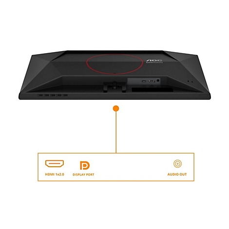 Rückseite eines schwarzen Gaming-Monitors mit Anschlüssen für HDMI, DisplayPort und Audioausgang. Der Monitor hat ein rotes Designelement.