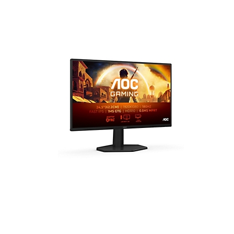 AOC Gaming Monitor, 24,5 Zoll, schmaler Rahmen, schwarzer Standfuß, zeigt farbenfrohes Spielmotiv auf weißem Grund.