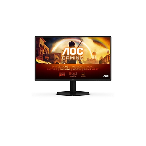 AOC Gaming-Monitor mit 24,5 Zoll Display und Spezifikationen wie 180Hz und Full HD Auflösung auf weißem Hintergrund.
