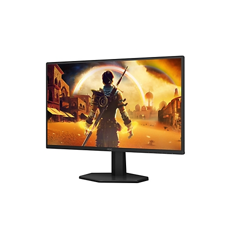 Schwarzer AOC-Gaming-Monitor mit dünnen Rändern vor weißem Hintergrund, zeigt eine Fantasy-Spielszene.