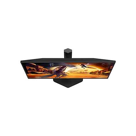 Draufsicht auf einen Gaming-Monitor mit einem Spielbildschirm. Das Spiel zeigt eine Wüstenlandschaft mit Kämpfern.