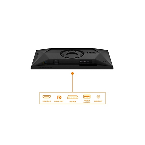 Rückseite eines schwarzen AOC Gaming-Monitors mit Übersicht der Anschlüsse wie HDMI, DisplayPort, USB-Hub und Audio.