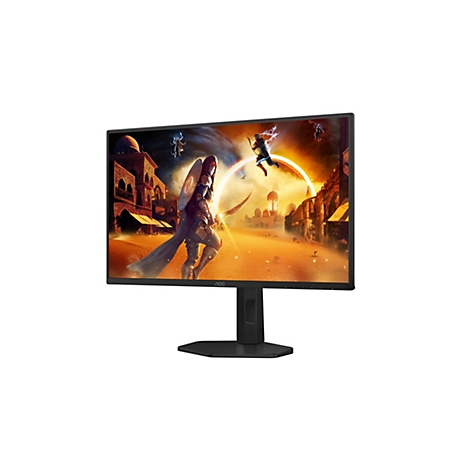 Ein schwarzer AOC-Monitor mit einem Spiel-Display: Kämpfer in einer Wüstenstadt.