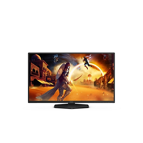 Ein Monitor zeigt ein Spiel mit Wüstenkulisse und Fantasy-Charakteren. Am unteren Rand steht das Logo "AOC".