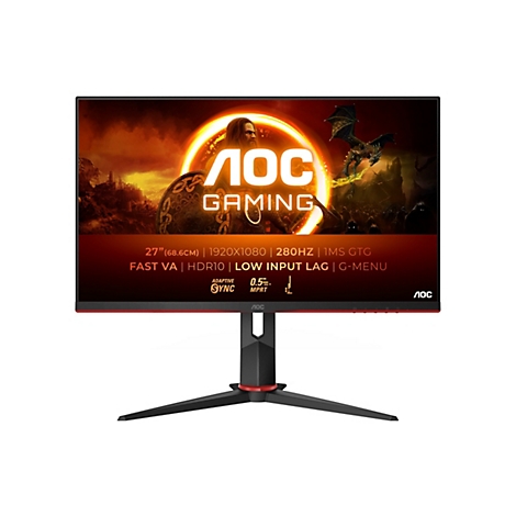 Ein schwarzer AOC-Gaming-Monitor mit roter Umrandung und Standfuß. Auf dem Bildschirm ein Fantasy-Hintergrund, Logos und Spezifikationen.
