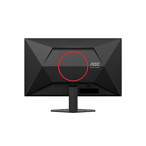 Schwarzer Gaming Monitor, Rückseite. Roter Ring, AOC Logo, Anschlüsse unten.