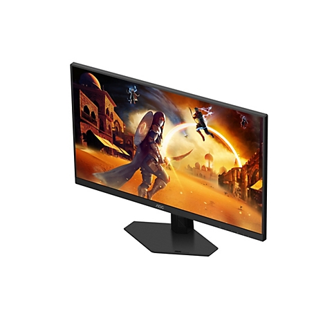 AOC-Gaming-Monitor mit einem aufregenden Fantasy-Kampf-Hintergrundbild. Das Display zeigt ein detailreiches Szenario mit Figuren, Gebäuden und einem strahlenden Himmel.