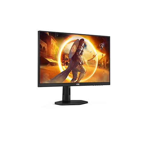 Schwarzer AOC Gaming-Monitor auf einem Standfuß mit einem leuchtenden Fantasy-Kampfszenario als Display-Inhalt.