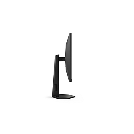 Schwarzer Computermonitor von der Seite gesehen mit schlichtem Standfuß auf weißem Hintergrund.