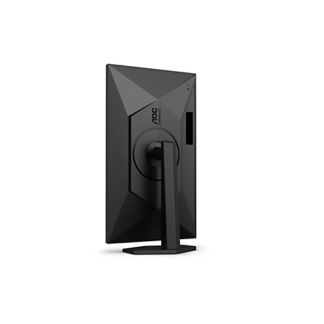 Rückseite eines schwarzen AOC Gaming-Monitors auf einem Standfuß vor weißem Hintergrund.