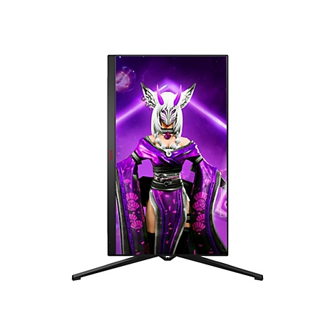 Hochkant aufgestellter Gaming-Monitor von AGON mit leuchtendem violettem Fantasy-Charakter auf dem Bildschirm.