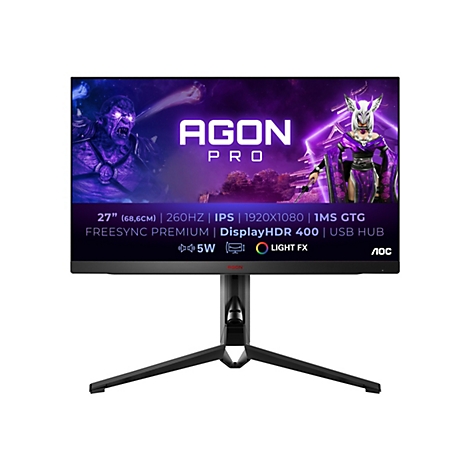 AOC Agon Pro Gaming-Monitor mit 27 Zoll und violettem Fantasy-Grafik-Display.