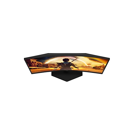 Ein schwarzer, gebogener Bildschirm, der ein Videospiel zeigt, das auf einem weißen Hintergrund in einer Draufsicht platziert ist.