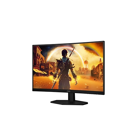 Ein Gaming-Monitor mit einem gebogenen Bildschirm, der ein Fantasy-Spiel zeigt. Auf dem Monitor-Logo steht: AOC.