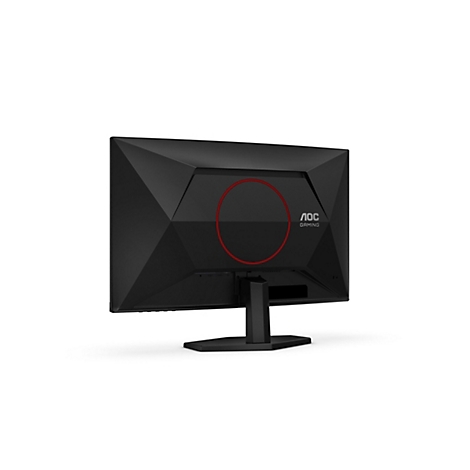 Ein schwarzer Gaming-Monitor von hinten, mit rotem Kreis, AOC-Logo und Anschlüssen.