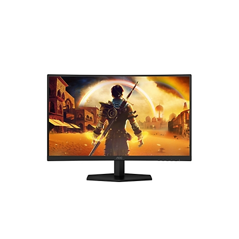 Ein Gaming Monitor mit einem gebogenen Bildschirm, der ein Fantasy-Spiel zeigt. Auf dem Bildschirm ist ein Krieger zu sehen, der eine Schwert vor einer orientalischen Stadt hält. Das AOC Logo ist unten zusehen.