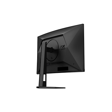 Schwarzer Gaming Monitor, Rückansicht. Sichtbar sind das AOC-Logo, Anschlüsse und der Standfuß.